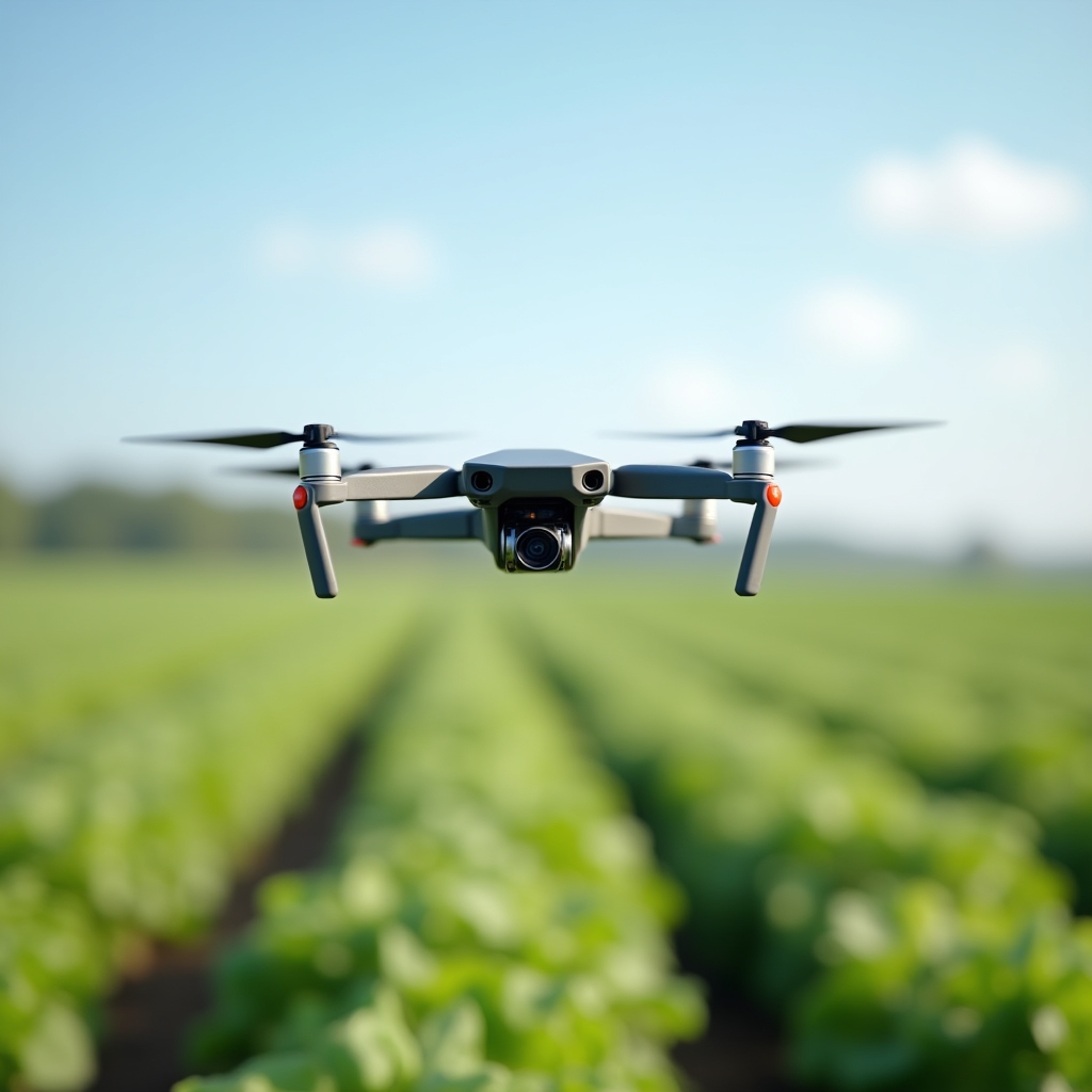 Agricultural drone flying low over rows of green crops capturing multispectral imagery