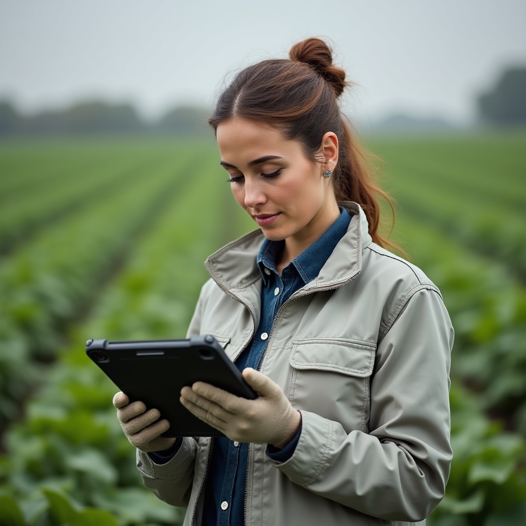 Farmer standing in a field reviewing sensor data on a tablet device
