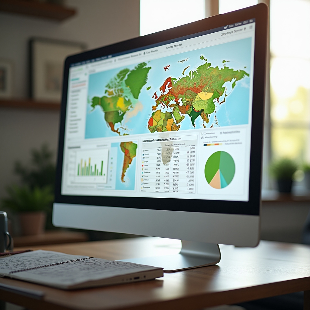 Computer monitor displaying an open-source farm management software dashboard with field maps and charts