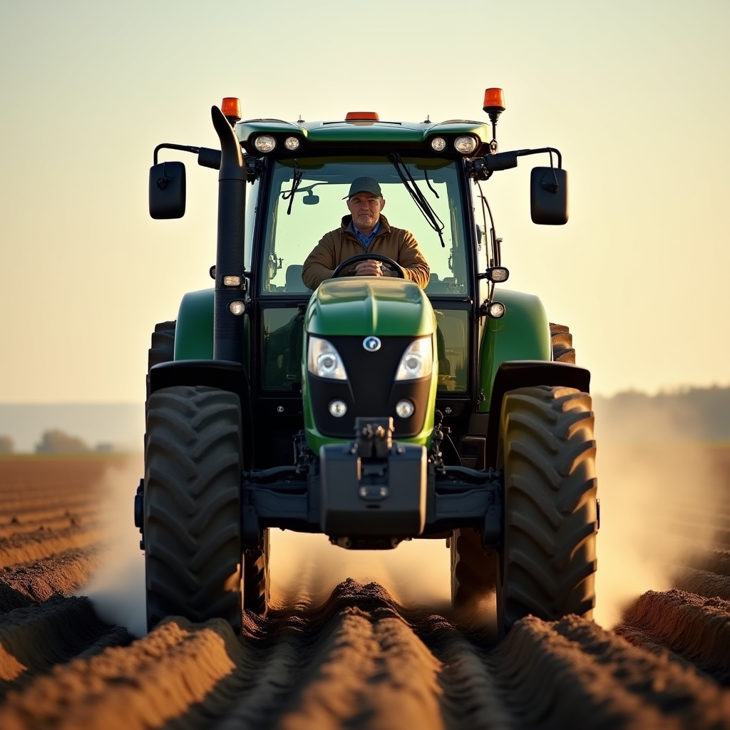 Tractor fitted with a GPS guidance receiver working a small field in gentle morning light