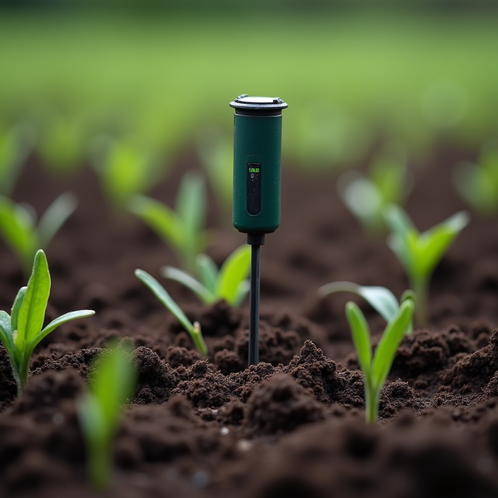 Close-up of a soil moisture sensor probe inserted into dark cultivated earth near young seedlings