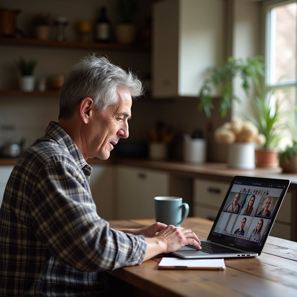 Person at a wooden farmhouse table watching a webinar session on a laptop with notes nearby