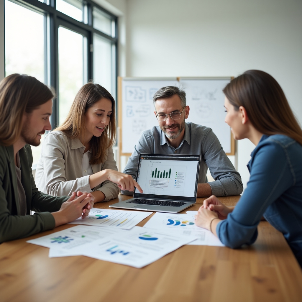 Small group of people reviewing agricultural technology documents together around a table